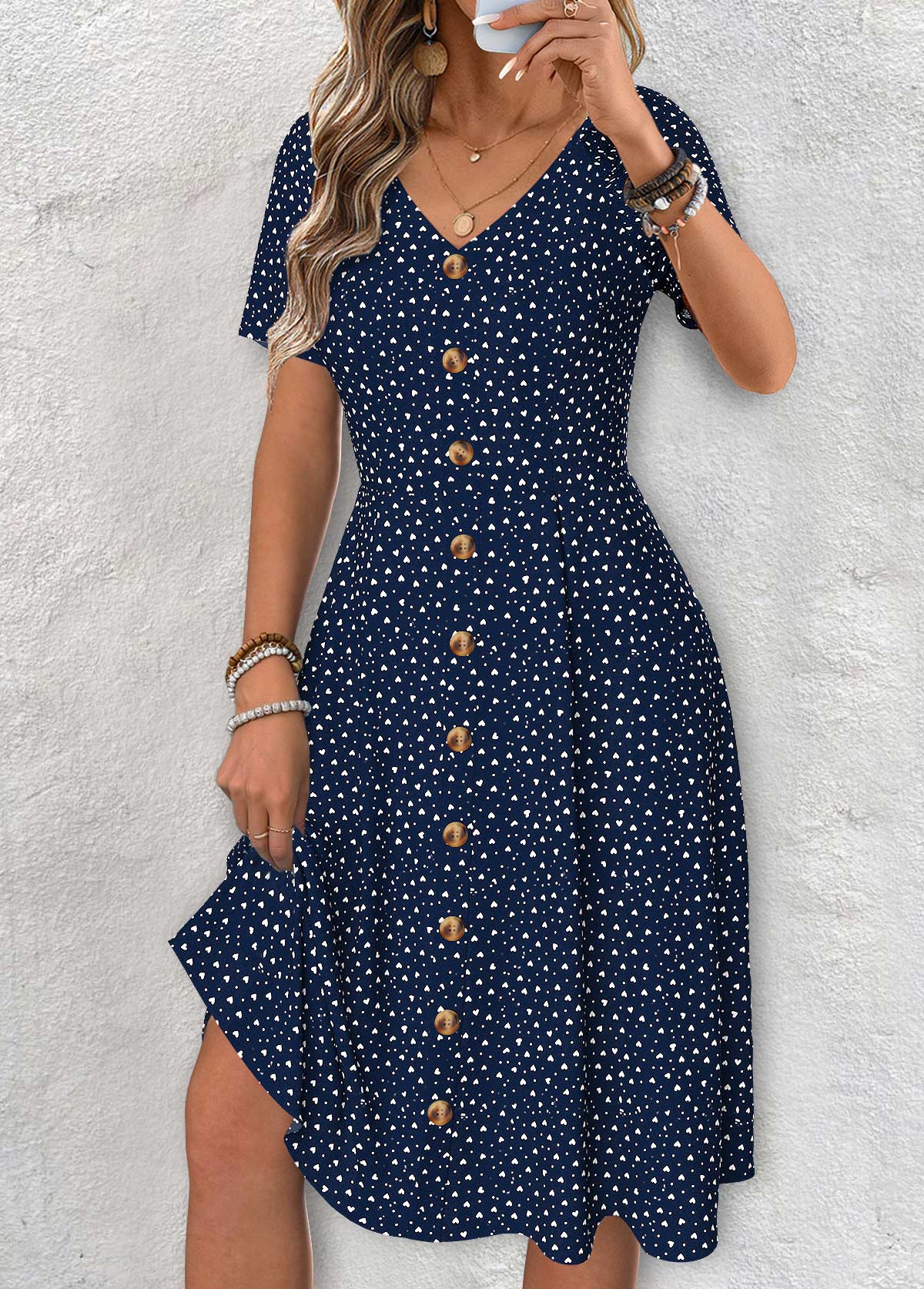 Claire Marineblau Polka Dot Kurzarm V-Ausschnitt Kleid