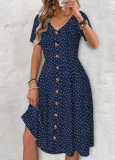 Claire Marineblau Polka Dot Kurzarm V-Ausschnitt Kleid