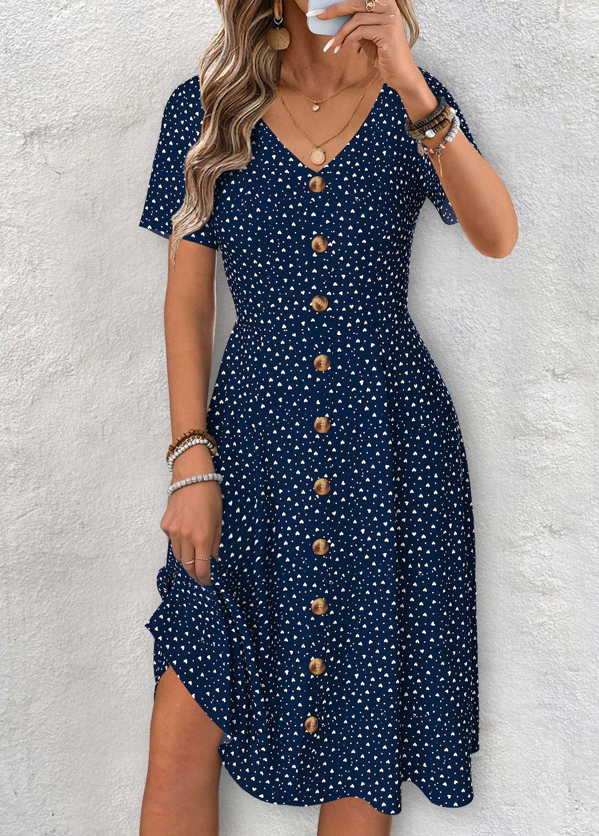 Claire Marineblau Polka Dot Kurzarm V-Ausschnitt Kleid
