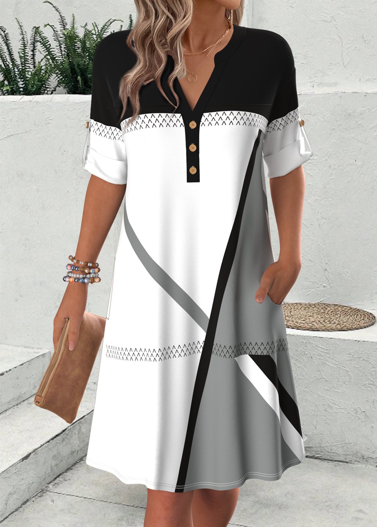Flaire Mehrfarbig Geometrischer Print Kurzarm Kleid mit Spaltkragen