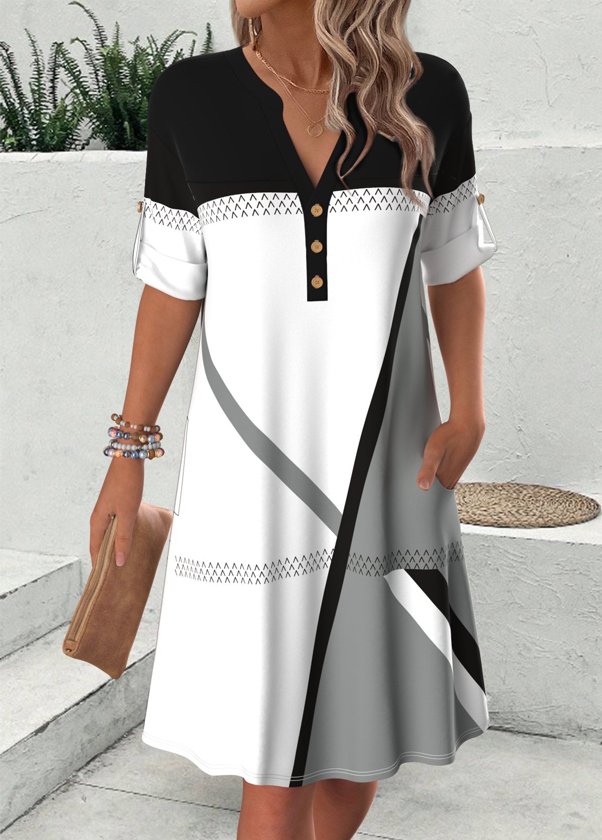 Flaire Mehrfarbig Geometrischer Print Kurzarm Kleid mit Spaltkragen