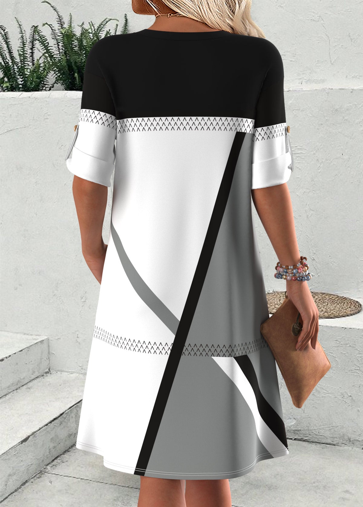Flaire Mehrfarbig Geometrischer Print Kurzarm Kleid mit Spaltkragen