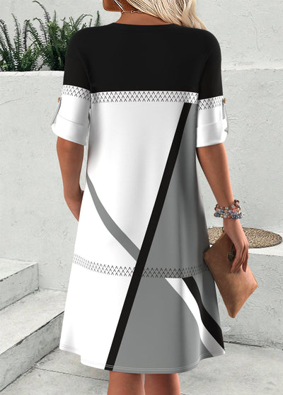 Flaire Mehrfarbig Geometrischer Print Kurzarm Kleid mit Spaltkragen