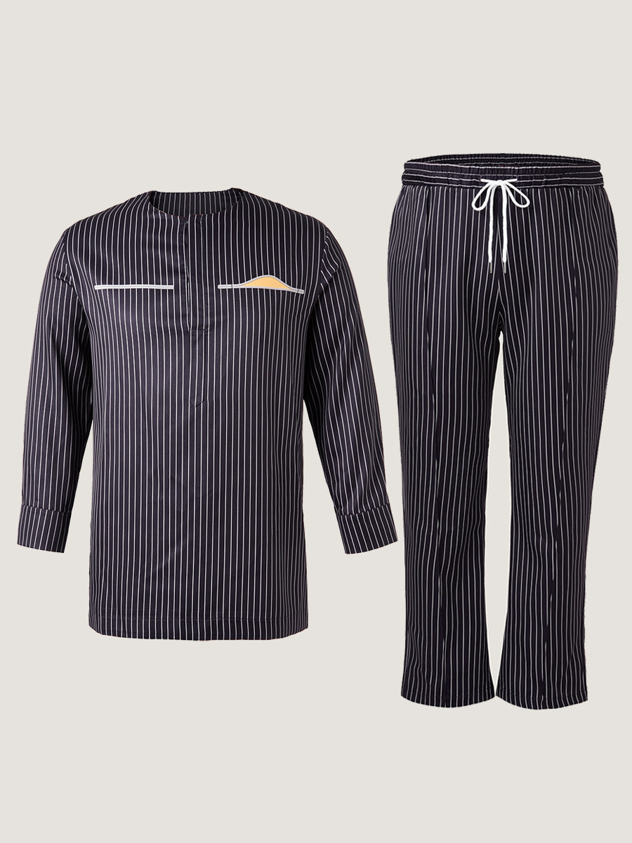Plus Size Gestreifter Druck Langarm Herren Set