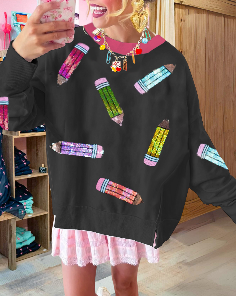 Übergroßer Buntstift Pailletten Sweatshirt