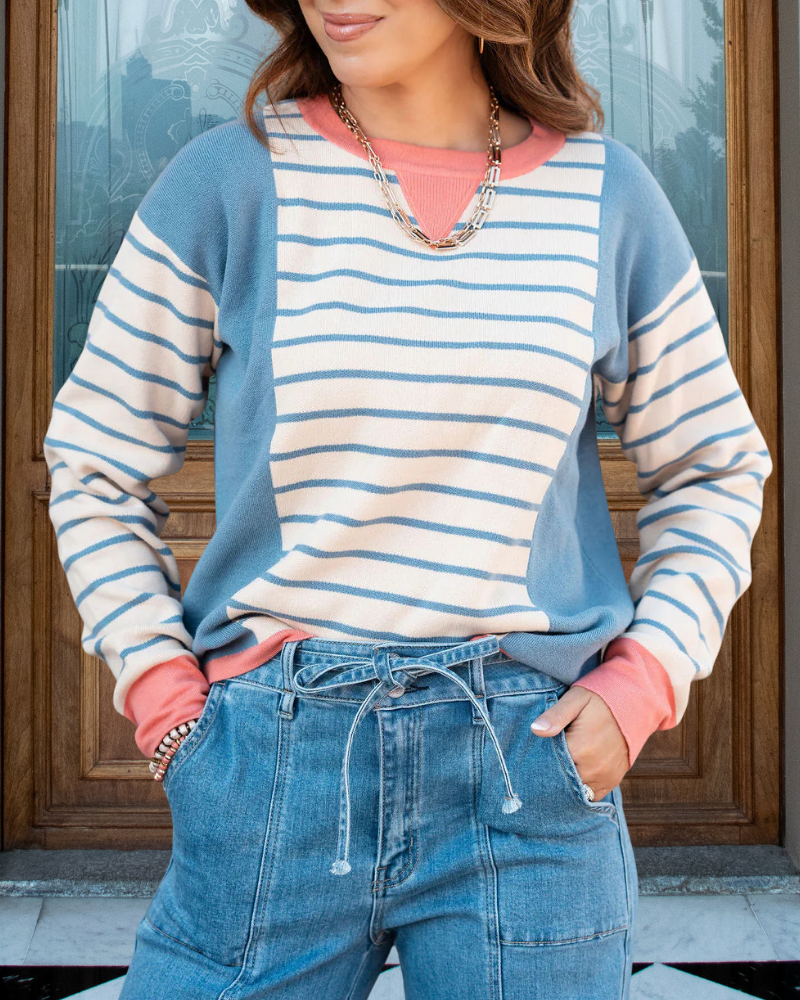 Gestreifter Farbblock-Trim Sweater