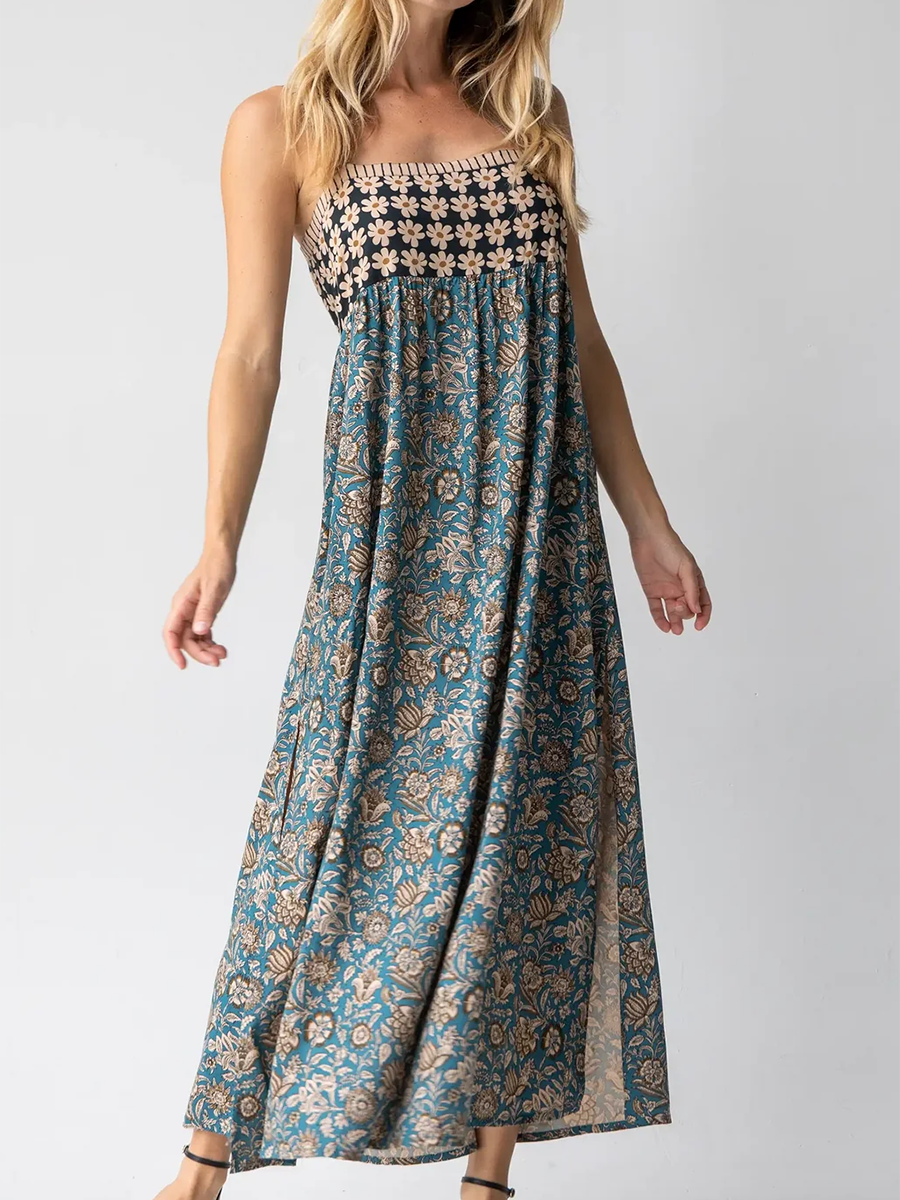 Blumenmuster Baumwoll Schlitzkleid