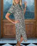 Elegantes Leoparden Schlitz Midi Kleid