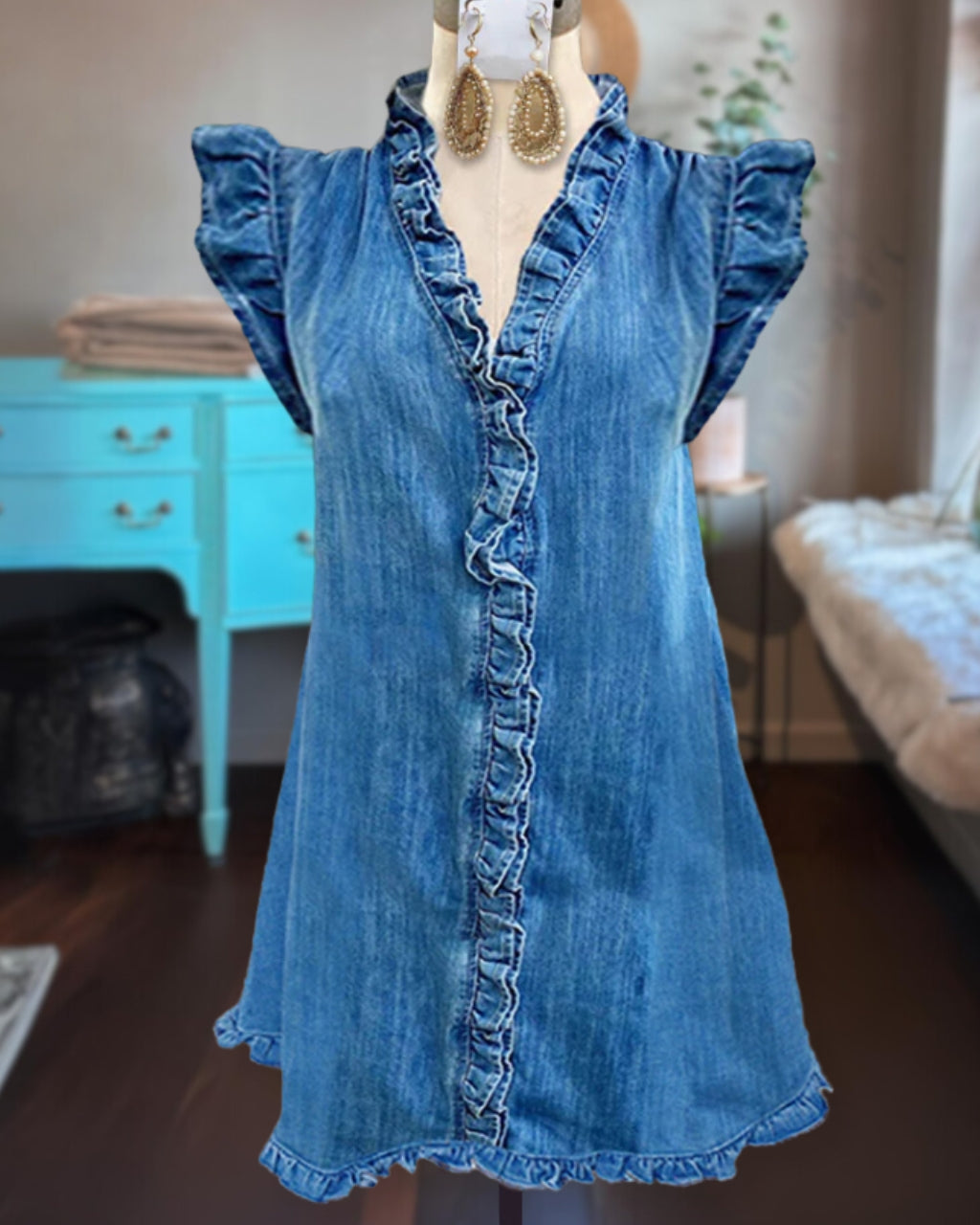 Niedliches Rüschendes Denim-Minikleid