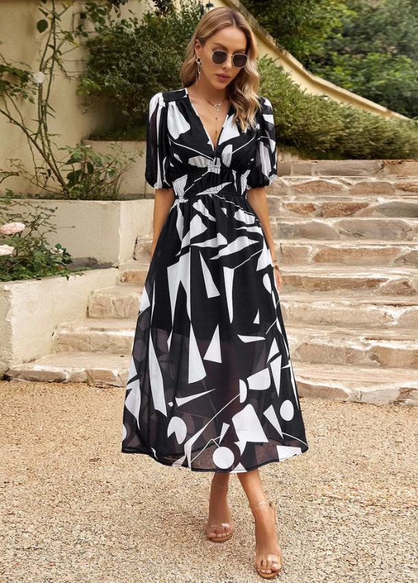 Damen Figurbetonendes Blumenkleid | Midi-Länge