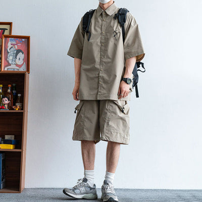 Japanische funktionale große Taschenhemd lässige lockere Overalls Zweiteiliges Set