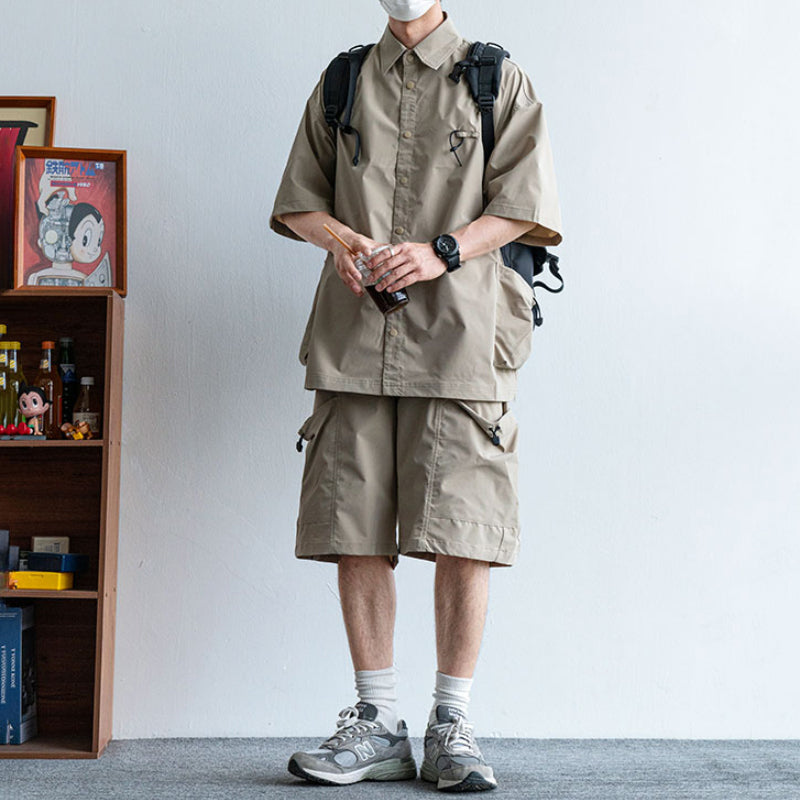 Japanische funktionale große Taschenhemd lässige lockere Overalls Zweiteiliges Set