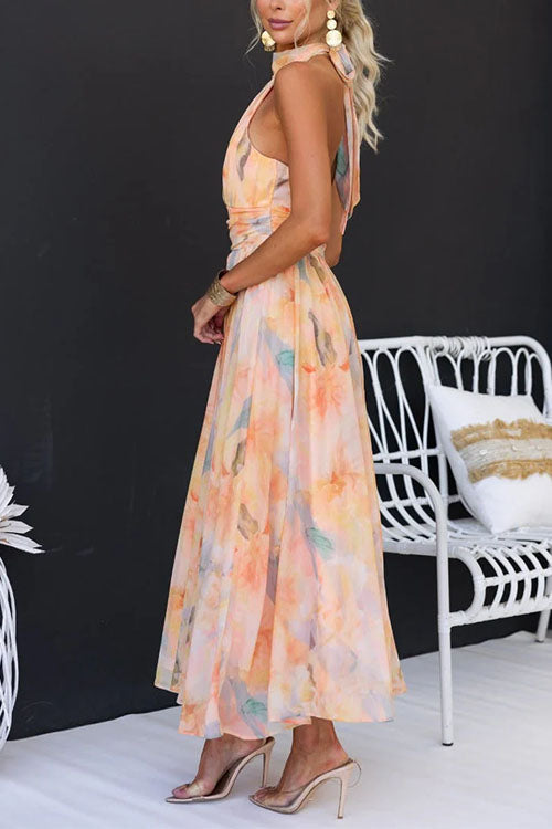 Elegant Maxi Empire Lace Dress with Open Seams and Watercolor Print