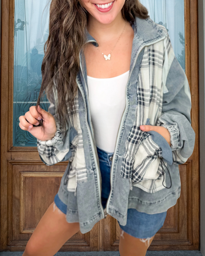 Oversized Karo Zip-Up Jacke