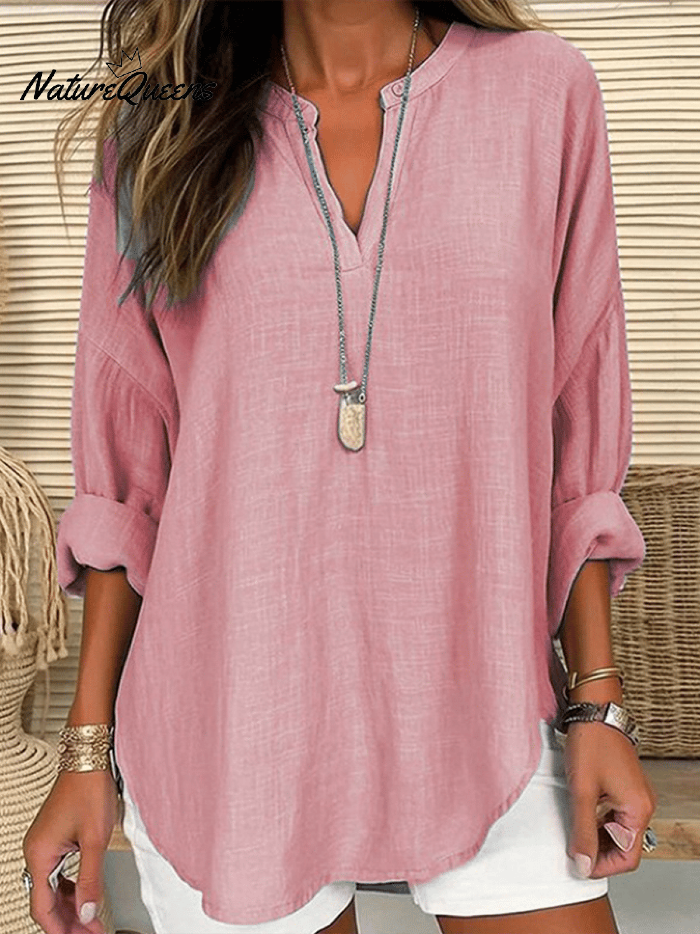 Damen Baumwolle Langarm Rundhals Einfarbig Lockere Strandbluse