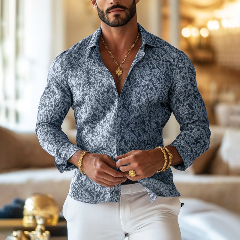 Herren Vintage Druck Revers Langarmshirt