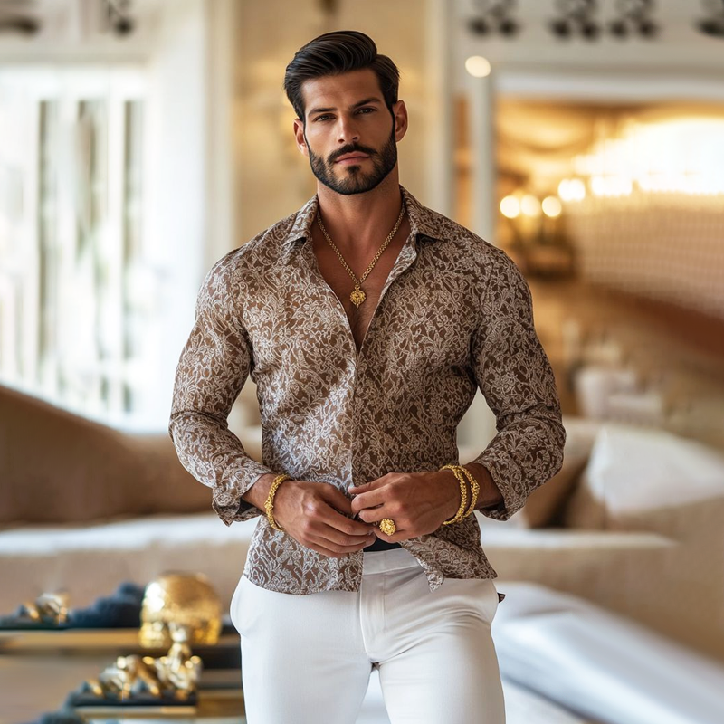 Herren Vintage Druck Revers Langarmshirt