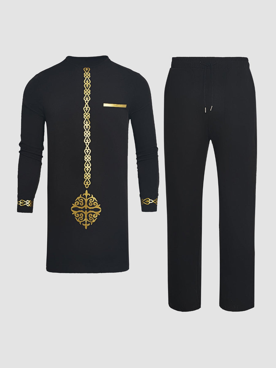 Plus-Size Digital Bedrucktes Schwarzes Langarm Herren Set