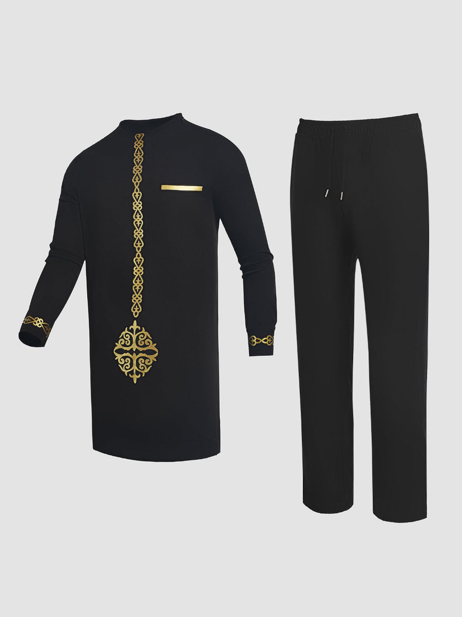 Plus-Size Digital Bedrucktes Schwarzes Langarm Herren Set