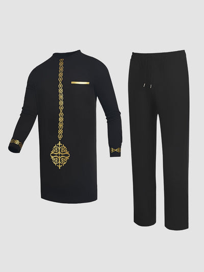 Plus-Size Digital Bedrucktes Schwarzes Langarm Herren Set