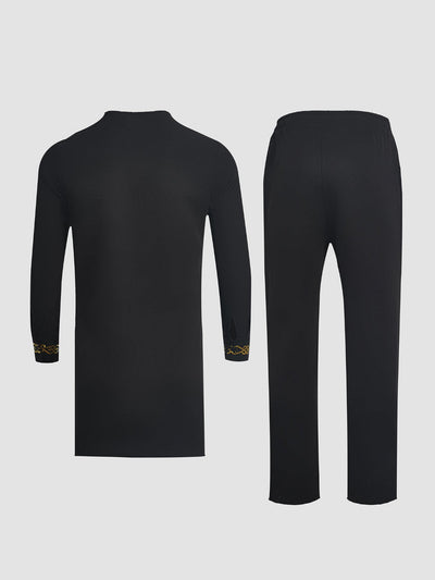 Plus-Size Digital Bedrucktes Schwarzes Langarm Herren Set