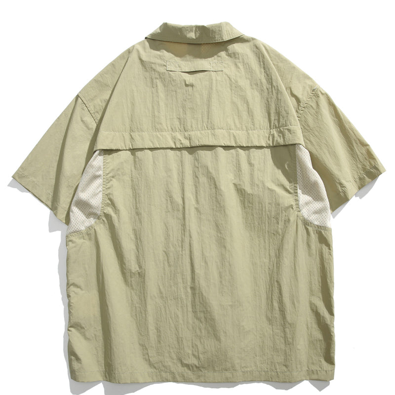 Japanisches Retro Mehrfach-Taschen Patchwork Lockere T-Shirt