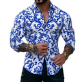 Herren Retro Freizeit Hemd mit blau-weißer Porzellan-Druck und Revers, Langarm