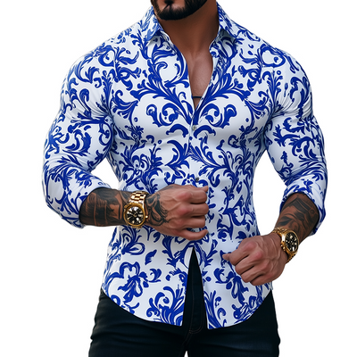 Herren Retro Freizeit Hemd mit blau-weißer Porzellan-Druck und Revers, Langarm