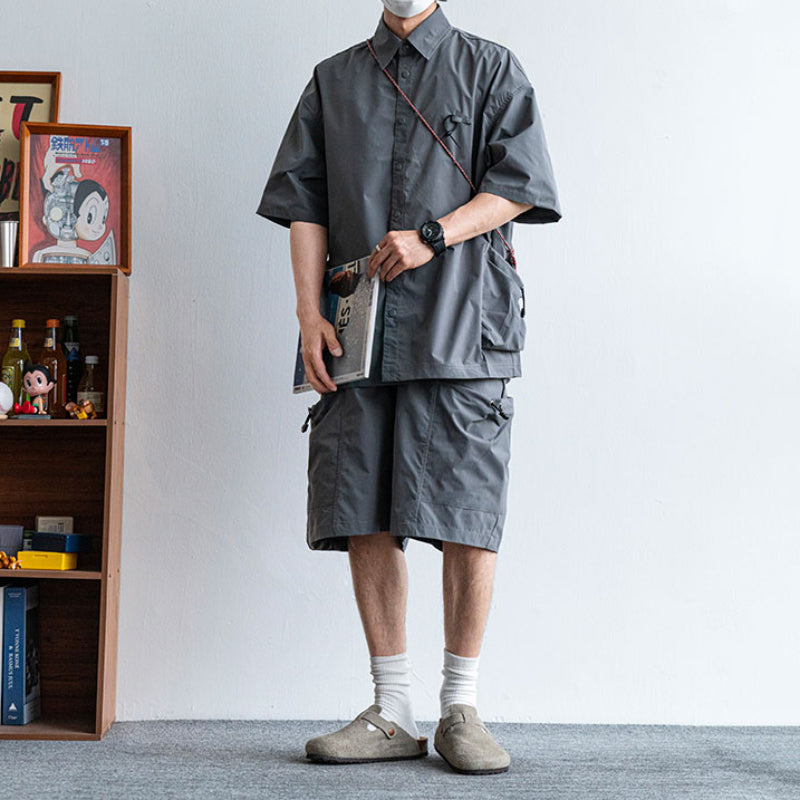 Japanische funktionale große Taschenhemd lässige lockere Overalls Zweiteiliges Set