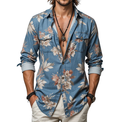 Herren Blümchen Revers Brusttasche Langarmshirt