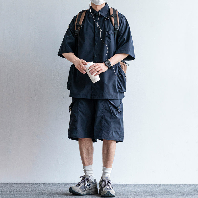 Japanische funktionale große Taschenhemd lässige lockere Overalls Zweiteiliges Set