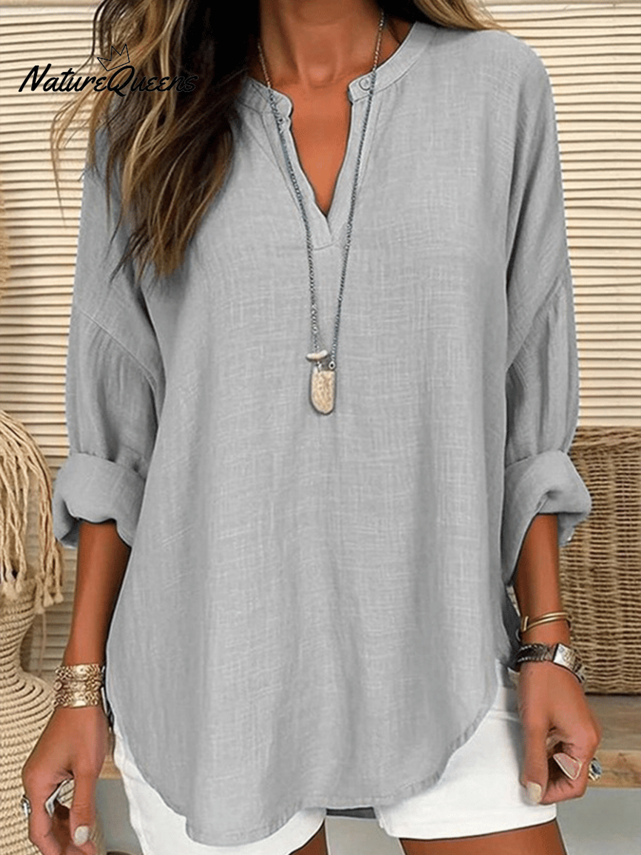 Damen Baumwolle Langarm Rundhals Einfarbig Lockere Strandbluse