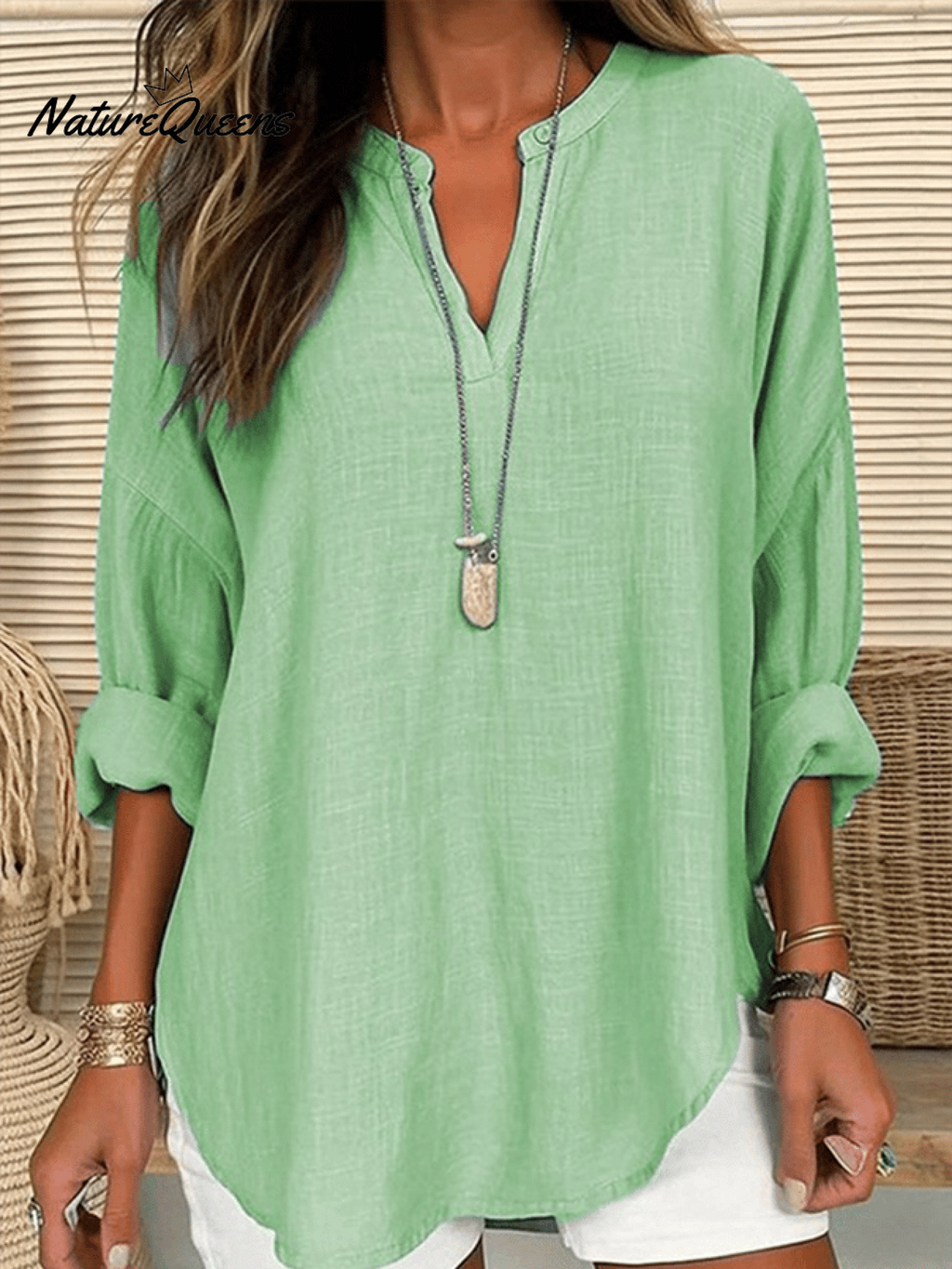 Damen Baumwolle Langarm Rundhals Einfarbig Lockere Strandbluse