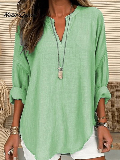 Damen Baumwolle Langarm Rundhals Einfarbig Lockere Strandbluse