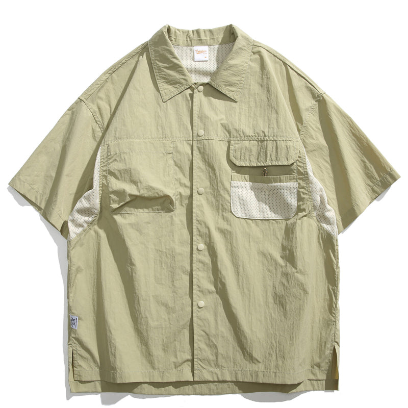 Japanisches Retro Mehrfach-Taschen Patchwork Lockere T-Shirt