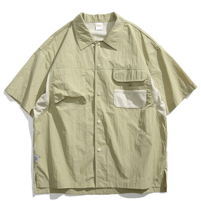 Japanisches Retro Mehrfach-Taschen Patchwork Lockere T-Shirt