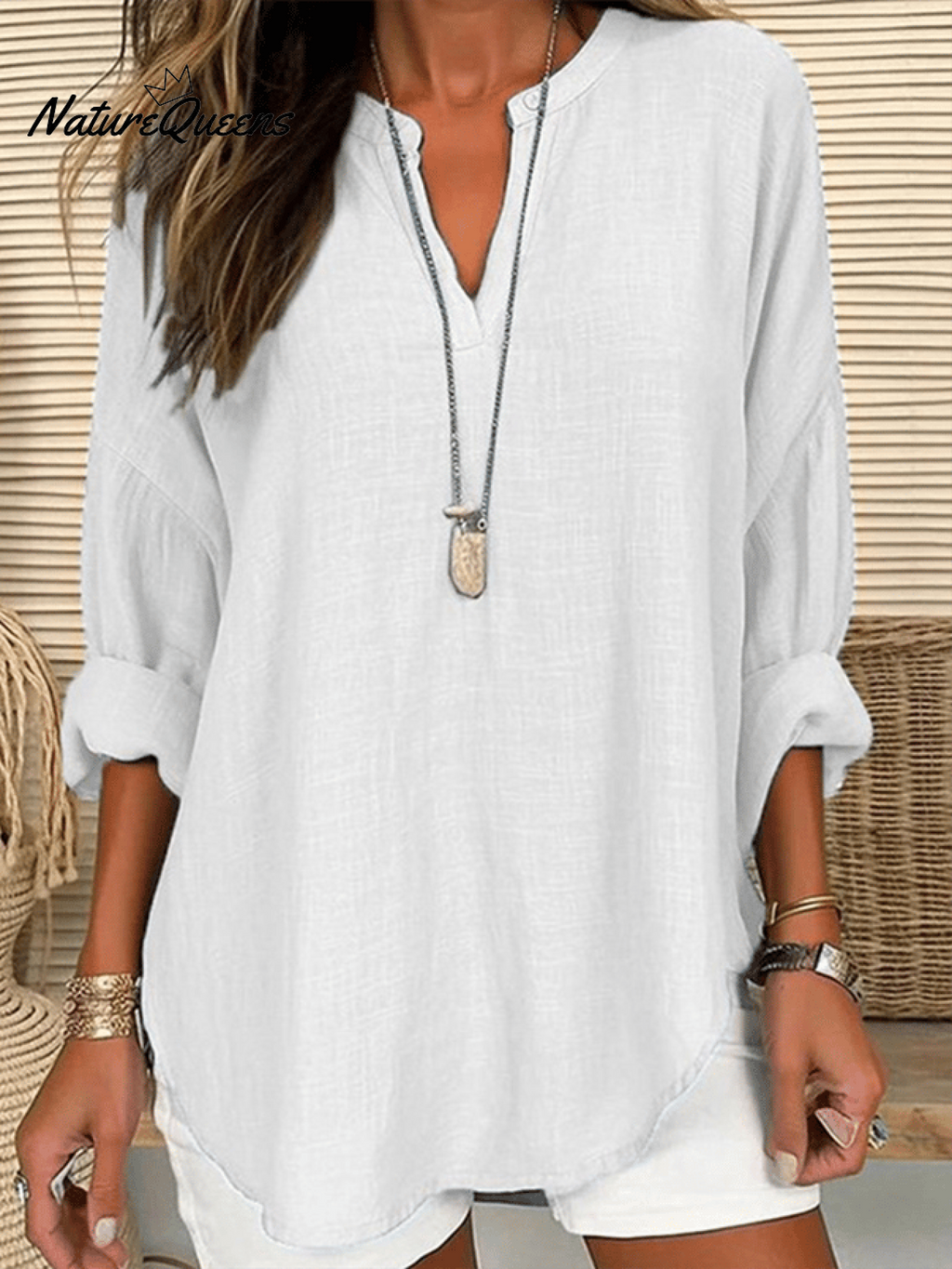 Damen Baumwolle Langarm Rundhals Einfarbig Lockere Strandbluse