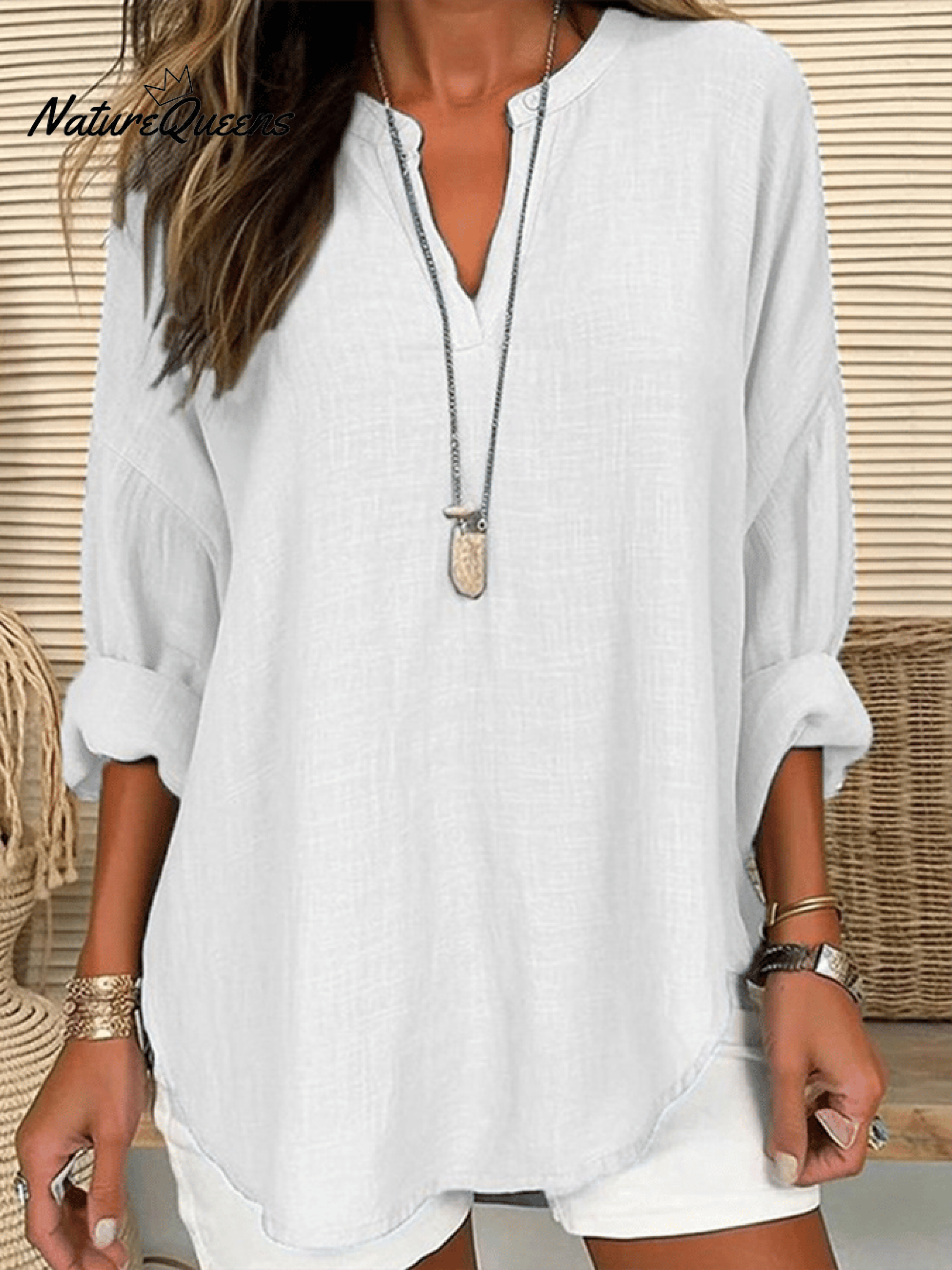 Damen Baumwolle Langarm Rundhals Einfarbig Lockere Strandbluse