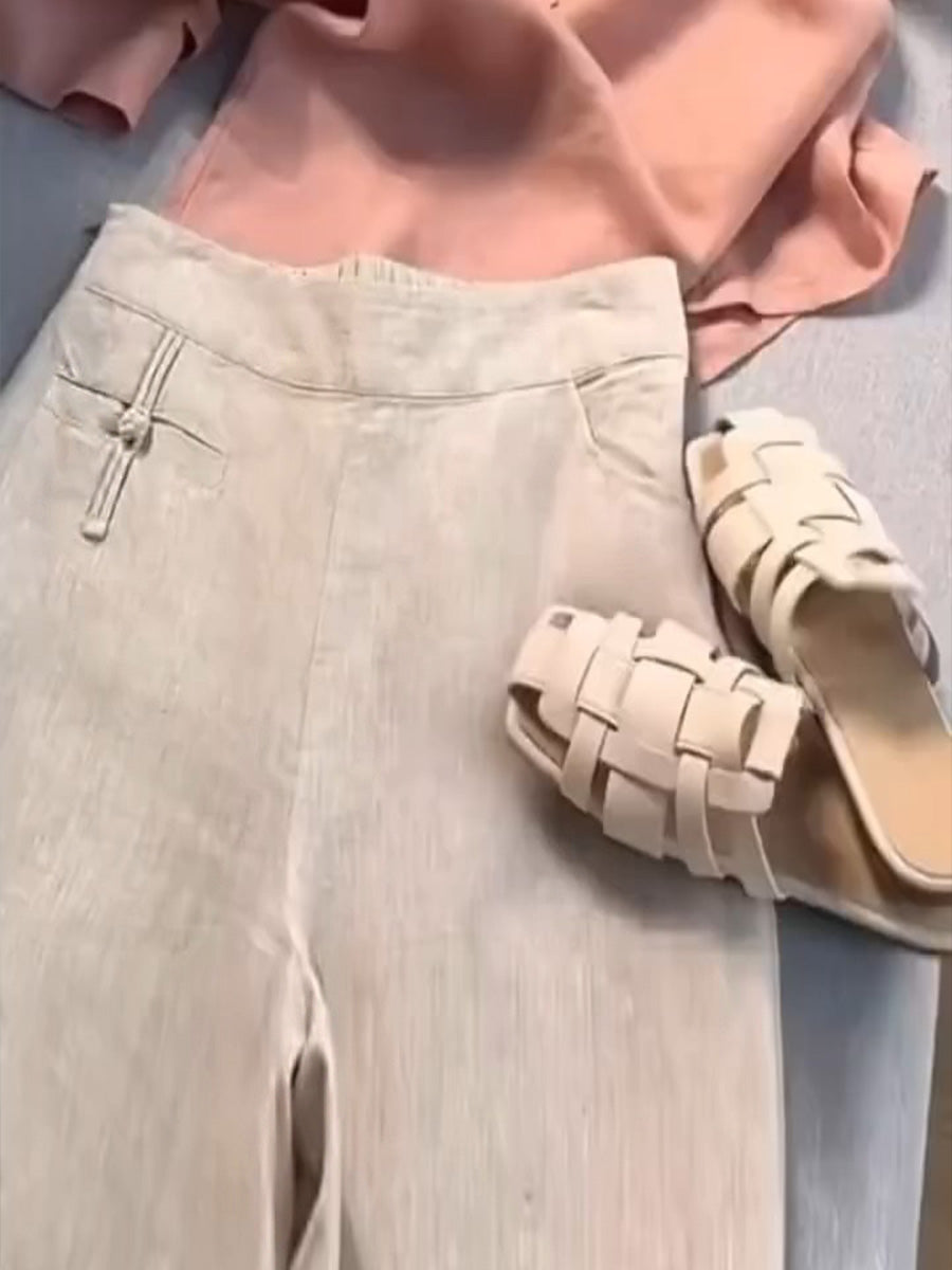 Damen Einfarbige Knopf-Halb-Elastische Hohe Taille Freizeit Baumwolle und Leinen Weite Hose
