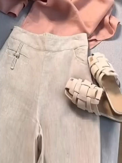 Damen Einfarbige Knopf-Halb-Elastische Hohe Taille Freizeit Baumwolle und Leinen Weite Hose