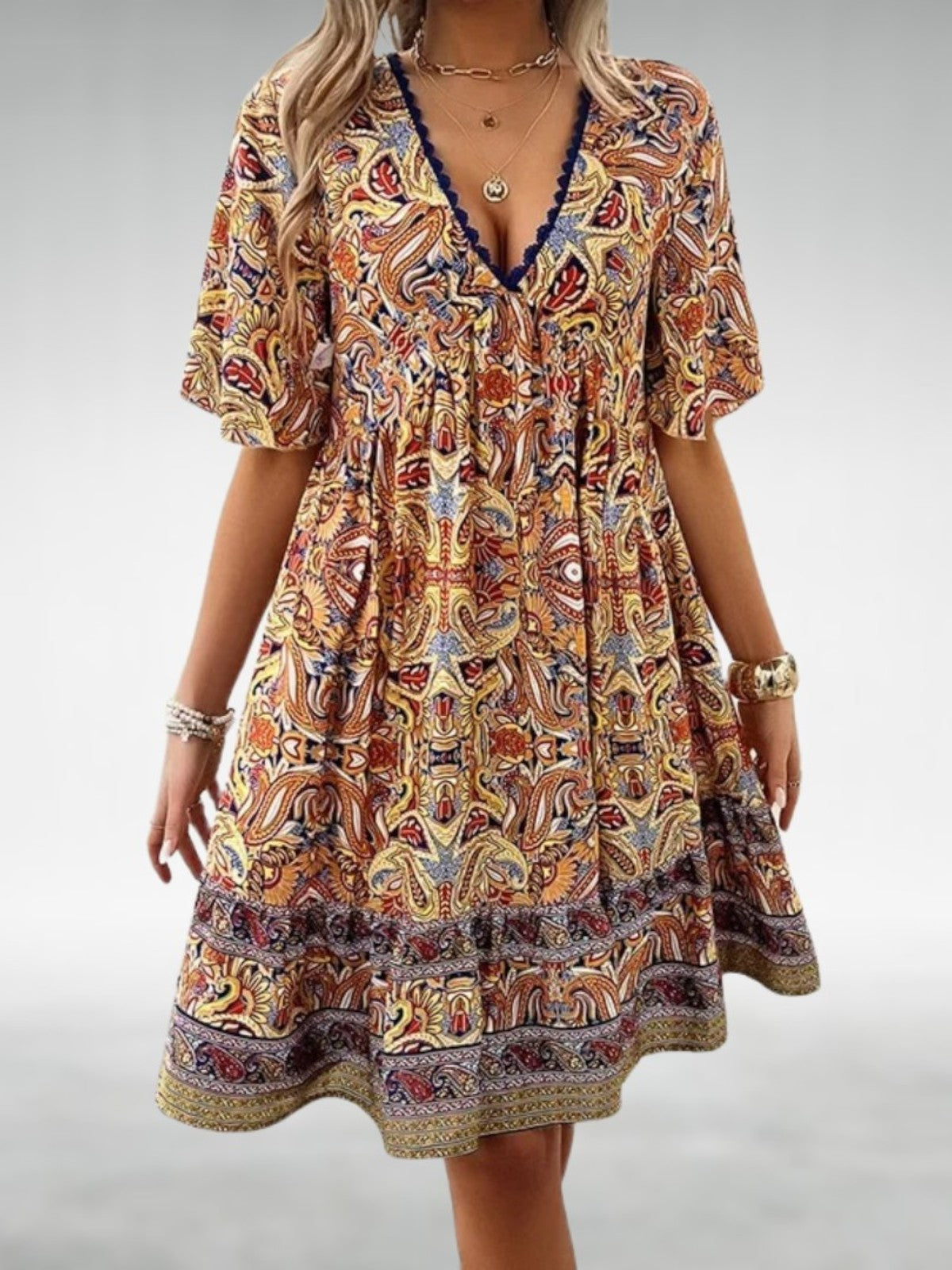Saylor - Bohemian Paisley Print V-Ausschnitt Sommerkleid