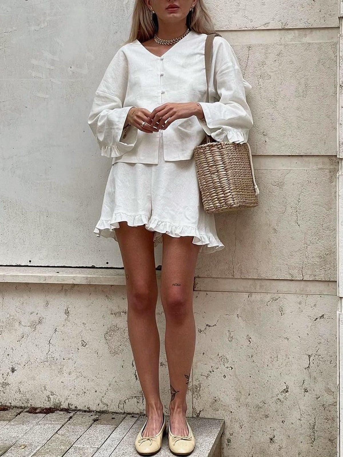 Fiora Baumwolle Rüschensaum Shorts Set