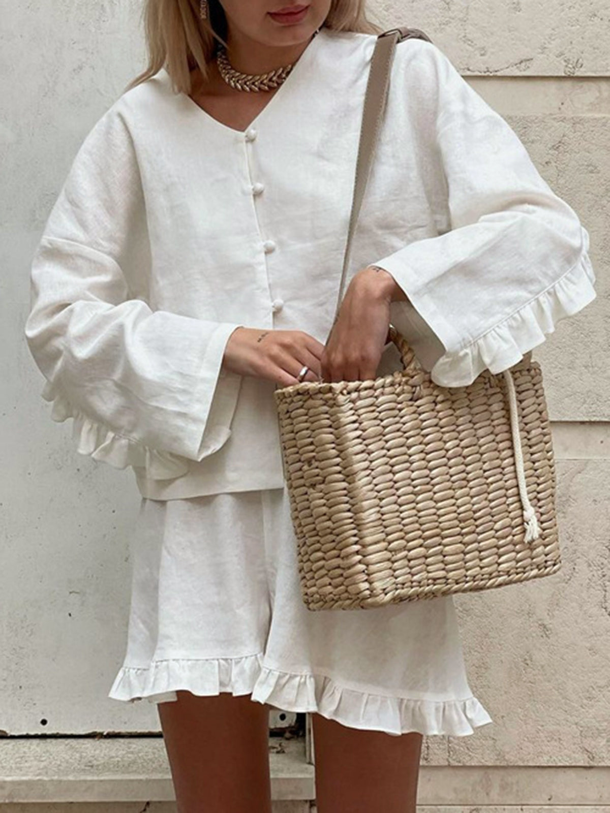 Fiora Baumwolle Rüschensaum Shorts Set
