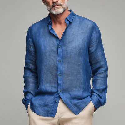 Herren Sommermode Slub-Leinen Langarmhemd