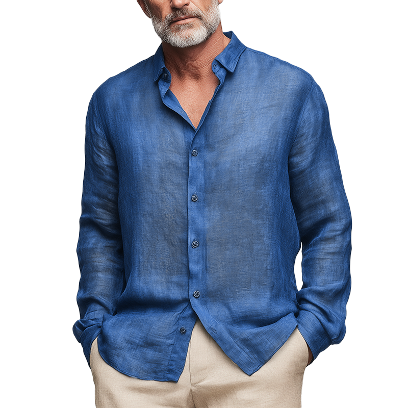 Herren Sommermode Slub-Leinen Langarmhemd