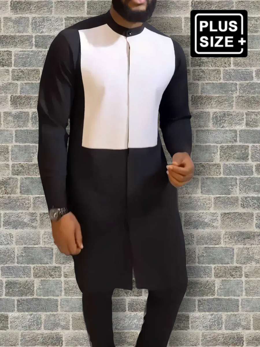 Plus Size Afrikanisches Schwarzes Colorblock Langarm Herren Set