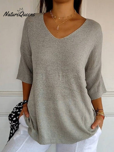 Damen Pullover mit 3/4-Ärmeln in einfarbigem Strick