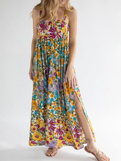 Blumenmuster Baumwoll Schlitzkleid