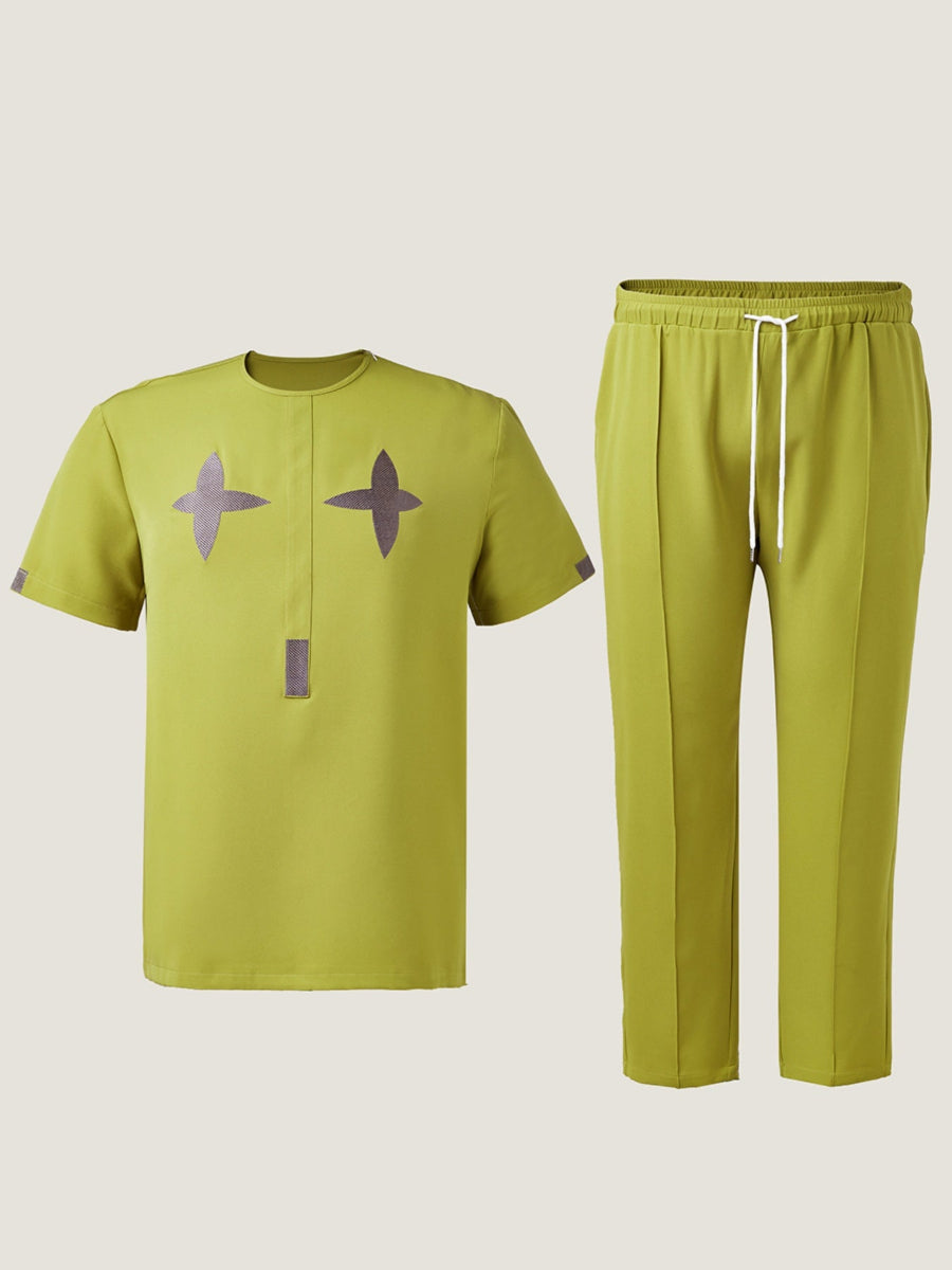 Plus Size Kurzarm Grünes Besticktes Set
