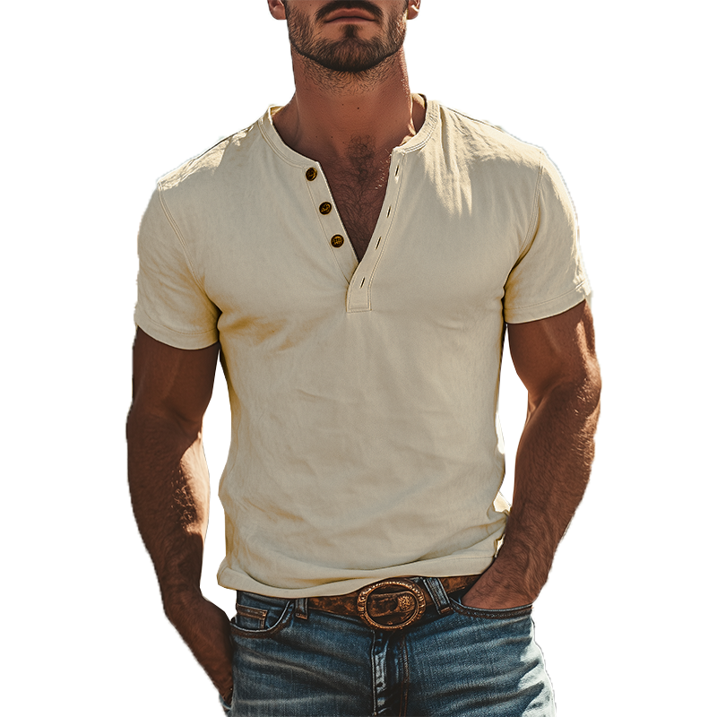 Herren Klassisches Amerikanisches Vintage Henley-Kragen Wildleder Kurzarm T-Shirt